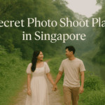 Young Singaporean couple smiling at a hidden green park with waterfall background — secret photo shoot place in Singapore.