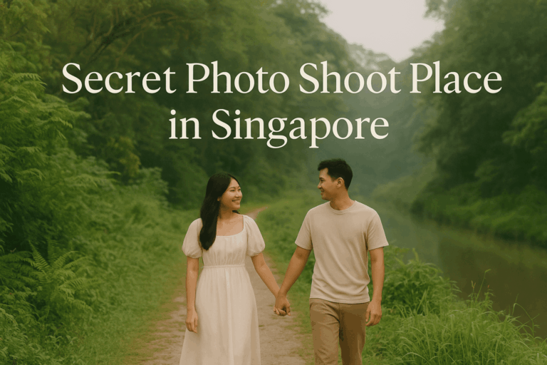 Young Singaporean couple smiling at a hidden green park with waterfall background — secret photo shoot place in Singapore.