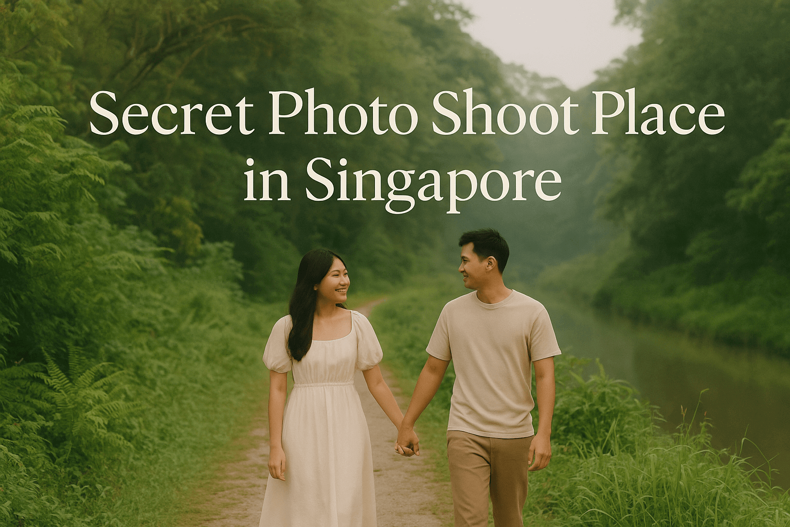Young Singaporean couple smiling at a hidden green park with waterfall background — secret photo shoot place in Singapore.